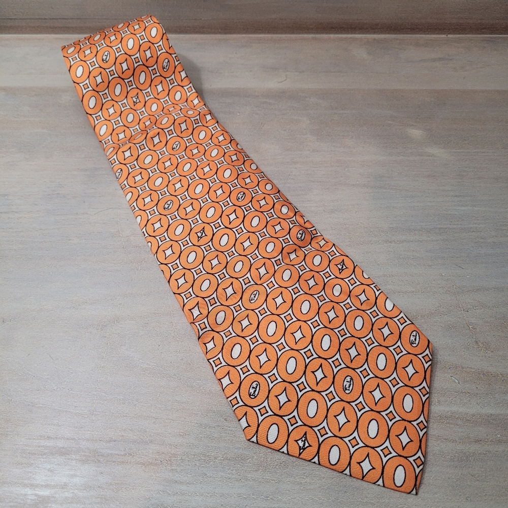 Emilio Pucci Men's Vintage 100% Silk Printed Necktie Orange White Designer